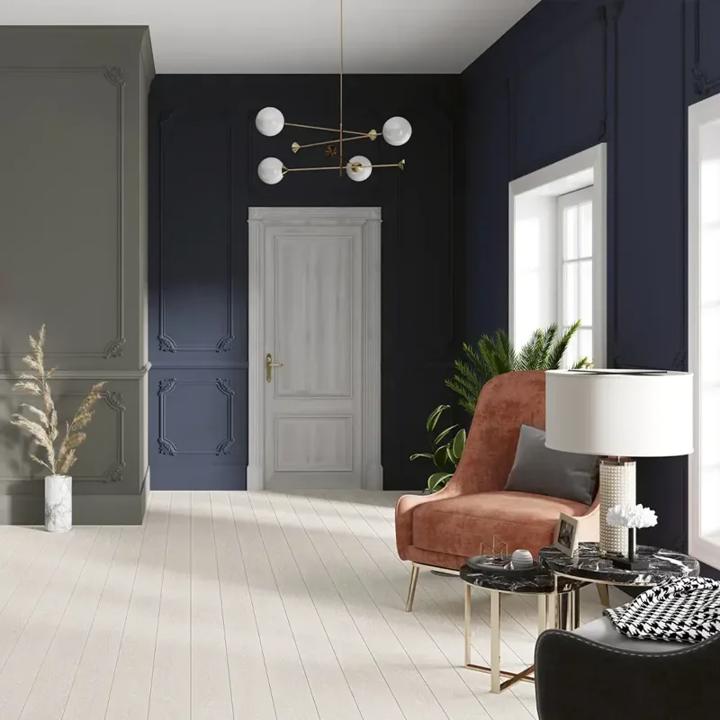 Modern salon dekorasyonunda açık renk iç kapı ve şık duvar panelleri ile birlikte minimalist tasarım