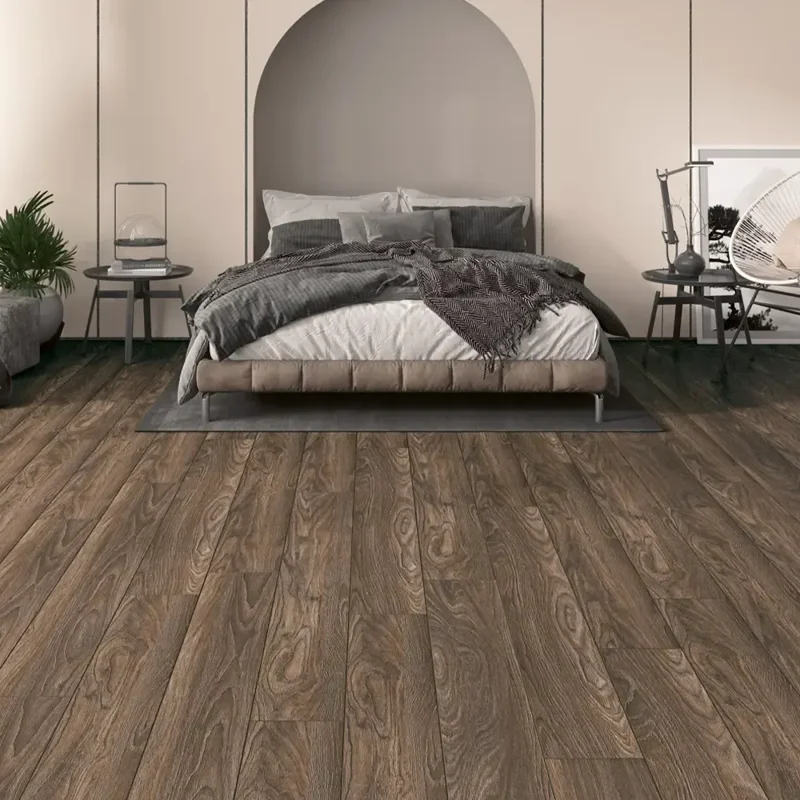 Modern yatak odasında koyu renk ahşap parke zemin ile minimalist dekorasyon