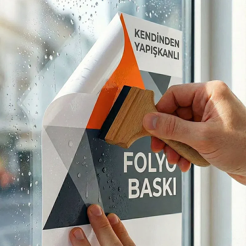 Vitrin ve cam için yapışkanlı folyo baskı